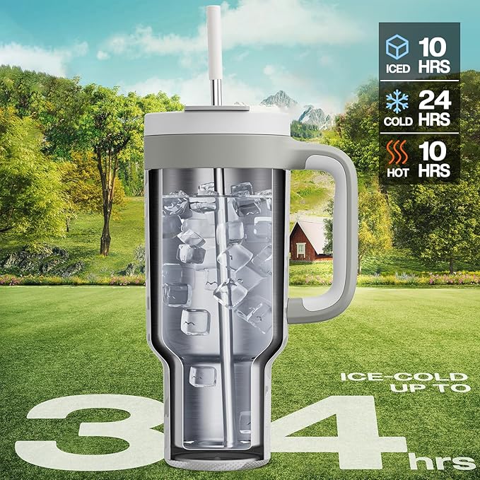 POWCAN 40 oz Camo Tumbler with Handle, 2-in-1 Straw and Sip Lid, Leakproof, Dishwasher Safe, Insulated Stainless Steel Travel Coffee Mug, Keeps Cold for 34 Hours, Car Cup Holder Fit (Clouded Aspen) - Bloomnest