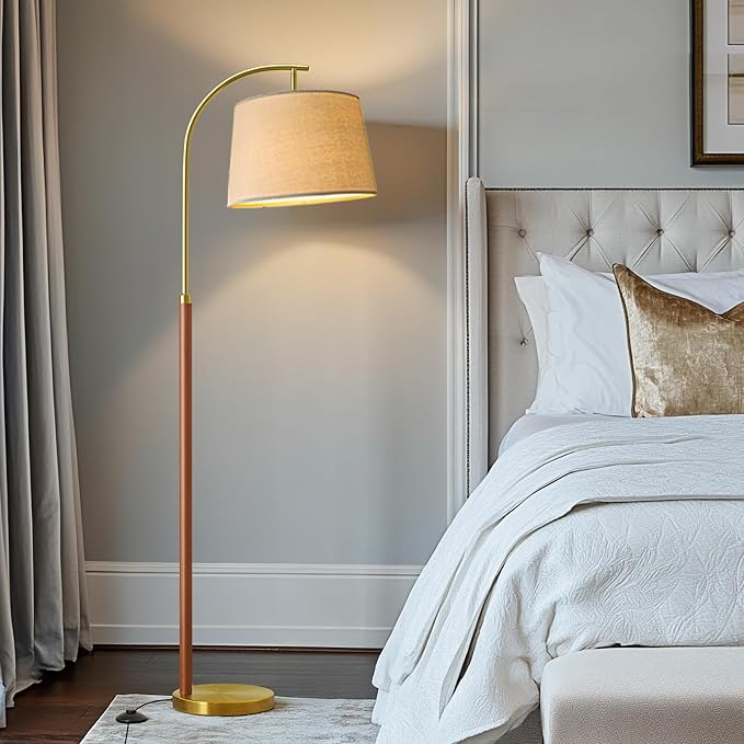 62.5" Gold Floor Lamp for Living Room Dimmable Standing Lamp with Remote & Foot Switch, 3 Color Temperatures Arc Tall Lamp Wood Mid Century Modern Floor Lamps for Bedroom Office, 9W Bulb Included - Bloomnest
