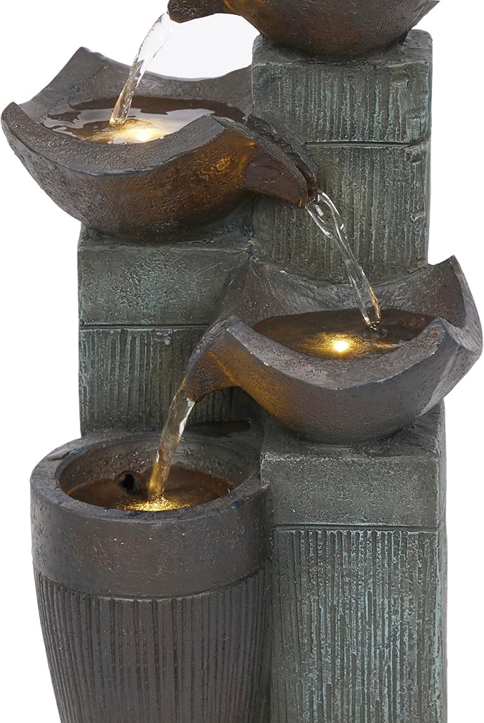 Alpine Corporation TZL414 14" 4 Tier Squared Bowls Fountain with LED Lights, Elegant Tabletop Water Feature for Home, Office, Living Room, Bedroom & Desk Decor, Gray - Bloomnest