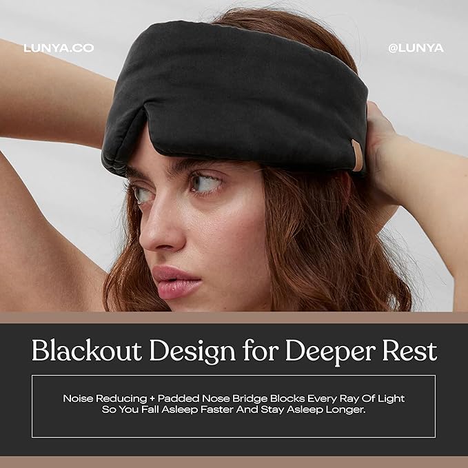 Lunya Sleep Mask with Box - Washable Silk Sleeping Mask and Headband for Beauty Routines - Thermoregulating Comfort for Restful Nights - Silk Eye Mask for Women - Large - Immersed Black - Bloomnest