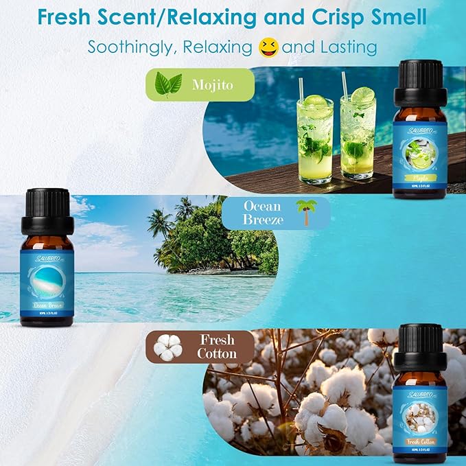 SALUBRITO Summer Fragrance Oils Set, Premium Essential Oils Set for Diffuser, Candle, Soap Making, Fresh Cotton, Coconut, Mojito, Pineapple, Ocean Breeze, Pink Island, Strong Scented Oils - Bloomnest