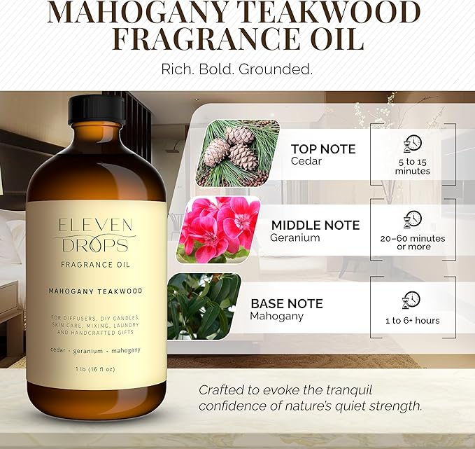 Mahogany Teakwood Diffuser Oil – Premium Fragrance Oil for Cold Air Diffusers, Home, Office, DIY Candles – Rich Woody Aroma, Long Lasting, Pet Friendly, Made in USA, 16 Fl.Oz Glass Bottle - Bloomnest
