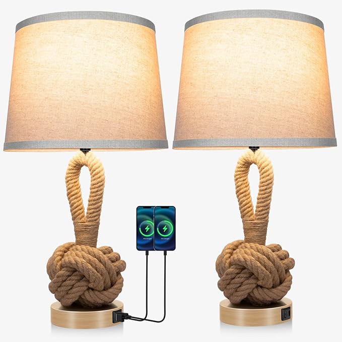 22" Rope Lamps for Night Stands, Bedside Lamps Set of 2, 3-Color Temperatures Boho Lamp with Rotary Switch, Table Lamps for Living Room Bedroom, Rattan Lamp with USB Ports, Bulbs Included - Bloomnest