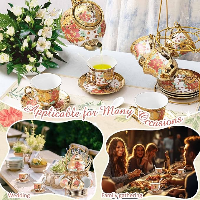Zhehao 20 Pcs Porcelain Tea Set with Metal Holder and Spoon Adult Ceramic Tea Set European Flower Painting Teapot Cup Saucer Spoon for Women, Large Version(Stylish Style) - Bloomnest