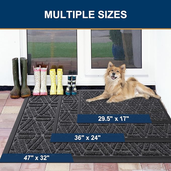 Smiry Front Door Mat Outside Entrance, Heavy Duty Sturdy Natural Rubber Doormat, Trap Dirt and Moisture, Easy Clean Low Profile Mats for Indoor Outdoor Entry, Grid Geometric (71x47, Grey) - Bloomnest