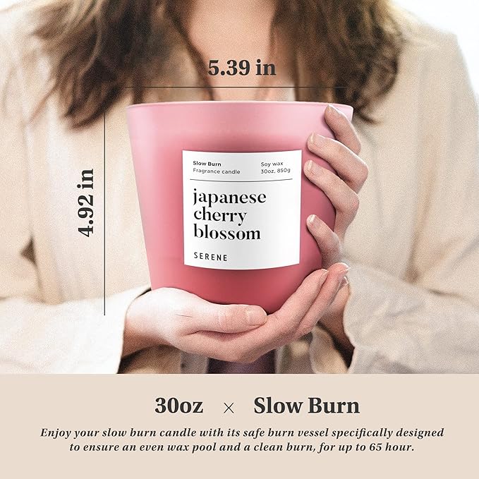 Hidden Label Large Scented Candle, Japanese Cherry Blossom, 30oz 3 Wick Huge Candle, Serene Collection Slow Burn Natural Soy Candles for Home Scented - Bloomnest