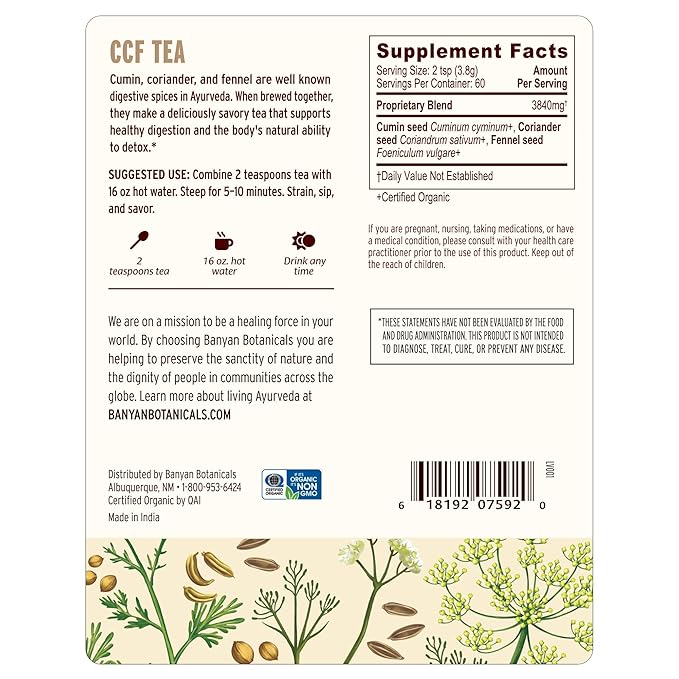 Banyan Botanicals CCF Tea (Cumin, Coriander, Fennel) – Organic Traditional Ayurvedic Detox Tea For Supporting Digestion & Gentle Cleansing* – ½ lb. – Non-GMO Sustainably Sourced Vegan - Bloomnest