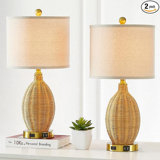 Touch Control Rattan Table Lamps, 3 Way Dimmable Bedside Lamps for Bedroom Set of 2 with 2 USB Ports and AC Outlet, Gold Wicker Nightstand Lamps for Living Room Office (LED Bulbs Included) - Bloomnest