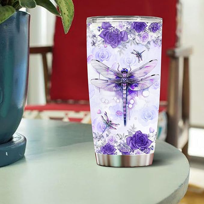 Personalized Dragonfly Coffee Mug Cups Gifts For Women Unique Mom, Purple Dragonflies Water Bottle Mothers Day Birthday Christmas Valentine 20oz Stainless Steel Thermos Tumbler Cup With Lid - Bloomnest