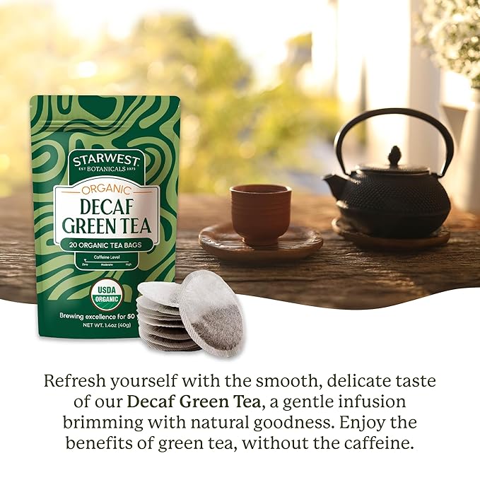 Starwest Botanicals Organic Decaf Green Tea - Decaffeinated Herbal Tea, Caffeine Free Tea with Antioxidant Properties, String Free Sachets, USDA Organic Green Tea Leaf, Non GMO - 20 Tea Bags - Bloomnest