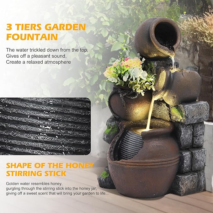 TITIMO Outdoor Water Fountain with Flower Pot and Lights - Cascading Pitchers Farmhouse Fountains and Waterfalls, Garden Fountain Patio Decor, Waterfall Fountains Indoor and Outdoor - Bloomnest