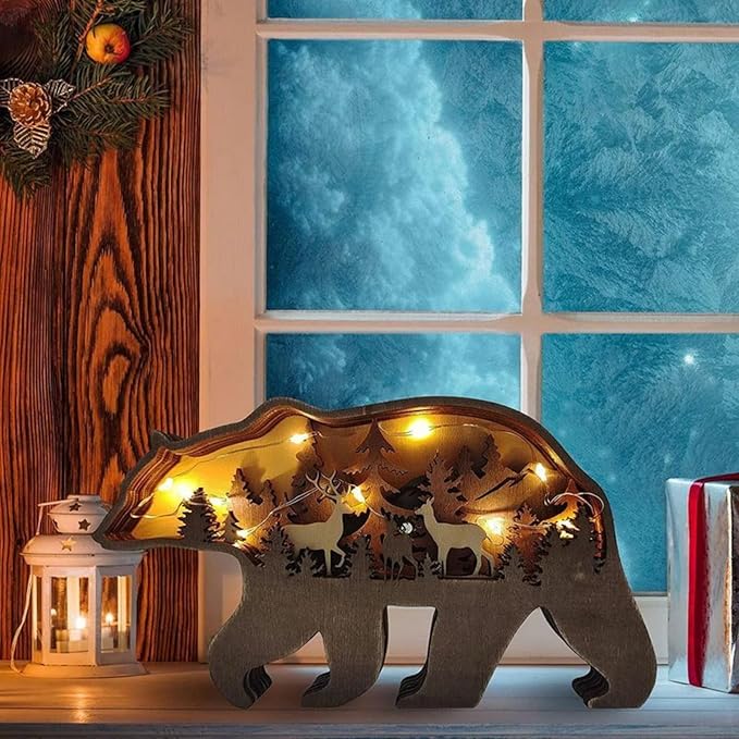 3D Wood Carving Animals Lamp Home Decorative, Cute Bear Family Elephant Presents Ideas Christmas Living Room Office Decor Warm LED Night Lights Gift for Friend Daughter Son Mom Dad (Forest Bear) - Bloomnest