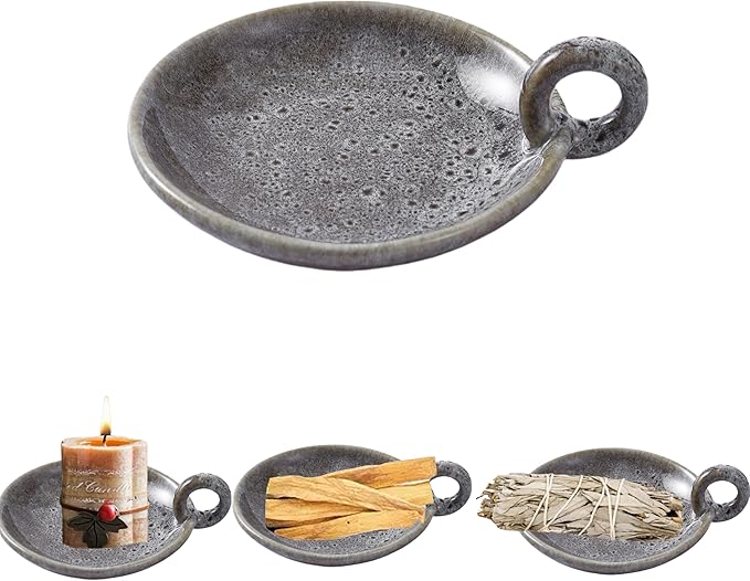 1pack Vintage Ceramic Candle Holders with Handle, Round Farmhouse Ceramic Plate Tray,Sage Holder for Burning,Incense Holder for Meditation Room Home Decor(Green) - Bloomnest
