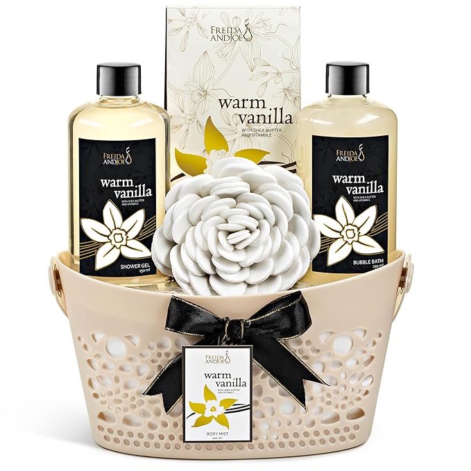Bath & Body Gift Set for Men and Women Spa Kit with Shea Butter, Vitamin E, and Reusable Beautiful Basket – Perfect Unisex Valentines Gift for Relaxation (Warm Vanilla) - Bloomnest