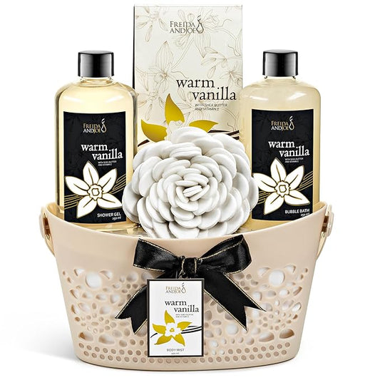 Bath & Body Gift Set for Men and Women Spa Kit with Shea Butter, Vitamin E, and Reusable Beautiful Basket – Perfect Unisex Valentines Gift for Relaxation (Warm Vanilla) - Bloomnest