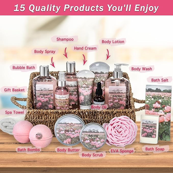 Bath Spa Gift Sets - Luxury Basket With Rose Oil & Peony - Spa Kit Includes Wash, Bubble Bath, Lotion, Bath Salts, Body Scrub, Body Spray, Shower Puff, Bathbombs, Soap and Towel - Bloomnest