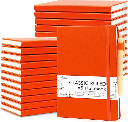 feela 24 Pack Journal Notebook for Work, Business Notebook Bulk Hardcover Lined Writing Journal with Pen Holder for Men Women Note Taking, with 24 Black Pens, 120 GSM, 5.1”x8.3”, A5, Orange - Bloomnest