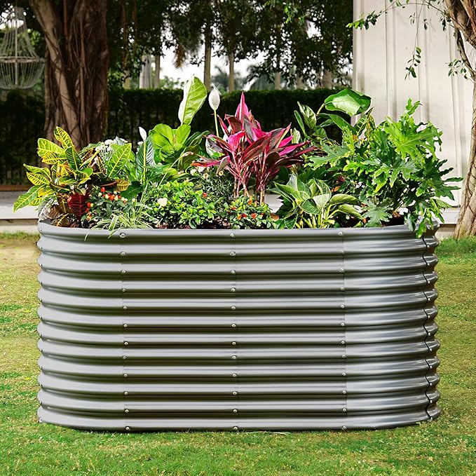 Land Guard 8x4x3ft Oval Galvanized Raised Garden Beds, Large-Capacity Metal Planter Box Outdoor, Durable Deep Raised Garden Bed 3ft Tall, Raised Beds for Gardening Vegetables, Modern Gray - Bloomnest