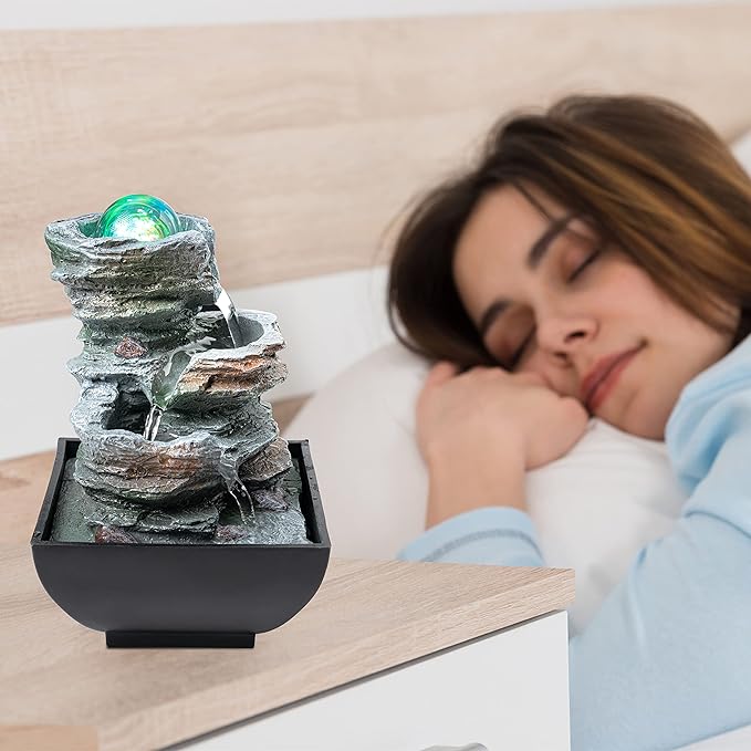 Father'sDen Tabletop Water Fountain-Indoor Waterfall-Desk Fountain-Audible Relaxing Waterfall Sounds from mini Water Feature with Inspiring LED Colors from Spinning Glass Ball - Bloomnest