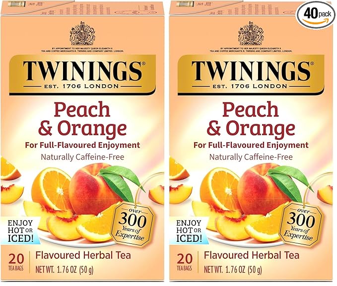 Twinings Peach & Orange Herbal Tea Individually Wrapped Bags, 20 Count (Pack of 2), Juicy & Fruity, Naturally Caffeine-Free, Enjoy Hot or Iced, 20 Teabags - Bloomnest