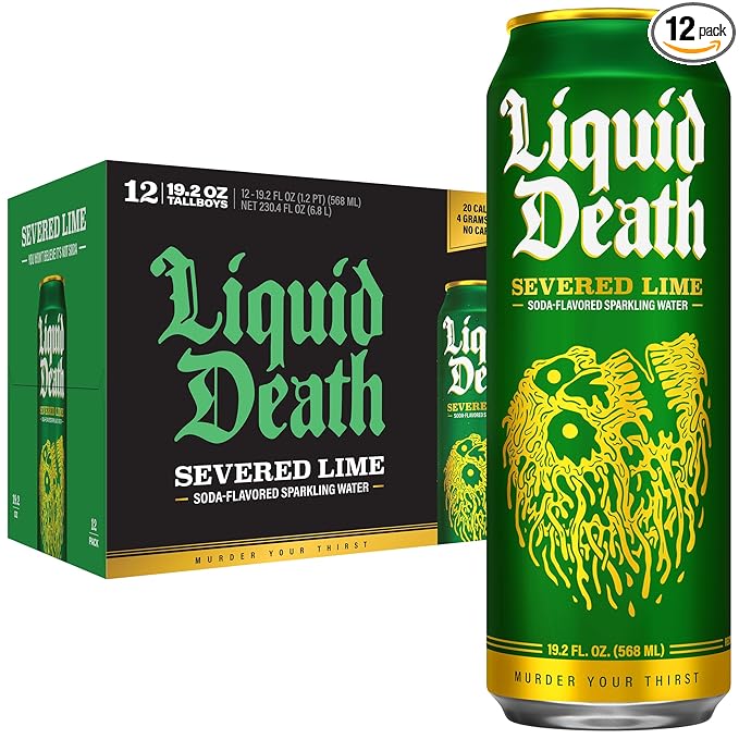 Liquid Death Soda-Flavored Sparkling Water - Severed Lime (Classic Lime Soda), Less Sugar*, Huge Flavor, No Artificial Sweeteners, King Size 19.2 Fl Oz (Pack of 12) - Bloomnest