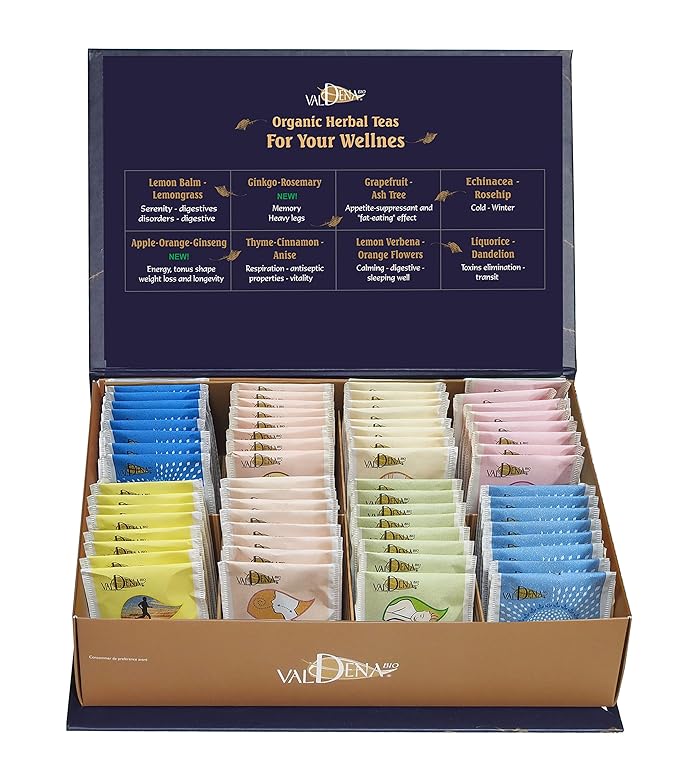 Valdena Bio Organic Herbal Teas for Your Wellness Tea Sampler Gift 8 Flavors Assorted Tea Sets 64 Individually Wrapped Tea Bags Caffeine Free Variety Pack Christmas Tea Gift for Tea Lovers - Bloomnest