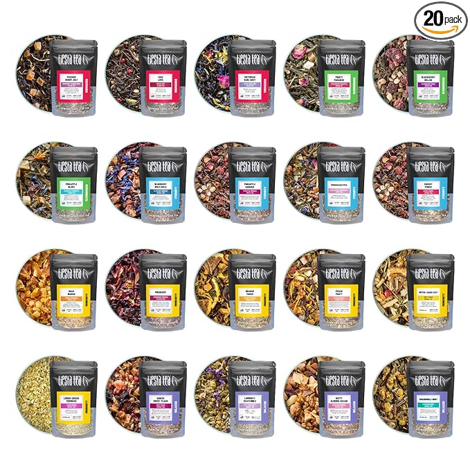 Tiesta Tea - Discovery Sampler Dry Flight Set, Loose Leaf, High to No Caffeine, Hot & Iced Up to 200 Cups, Tea Variety Pack with Green, Herbal, Black & Chai Brew, 20 Resealable Sample Pouches - Bloomnest