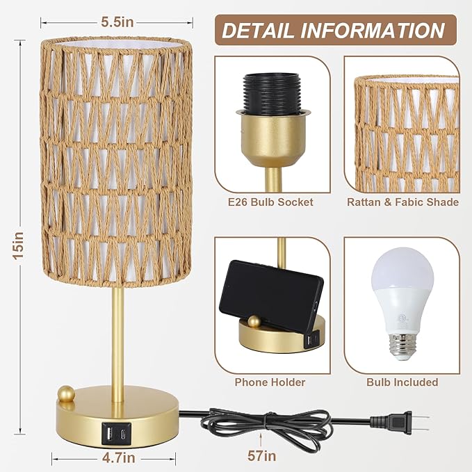 Gold Bedside Lamps Set of 2, Touch Control Night Stand Lamp for Bedroom with Rattan & Linen Shade & Bulbs, 3 Way Dimmable Small Boho Table Lamps with USB Charging Port & Phone Stand - Bloomnest