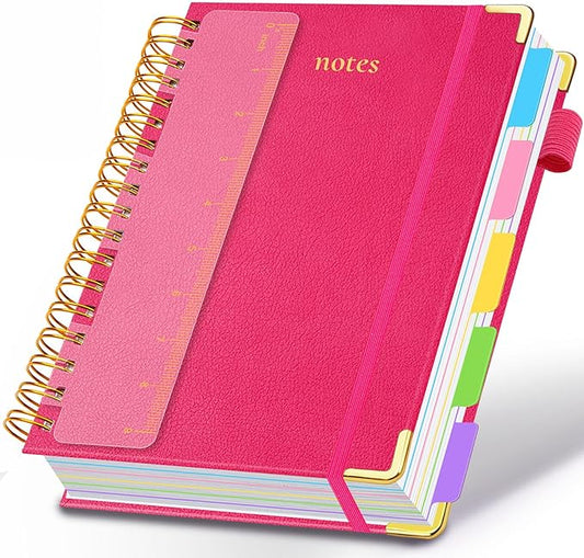 Hardcover Spiral Notebook 8"x10" Journal Notebook with Tabs and Removable Dividers 300 Pages 5 Subject Notebook College Ruled, Faux Leather Spiral Bound Notebook for Women School Work (Rose Red) - Bloomnest