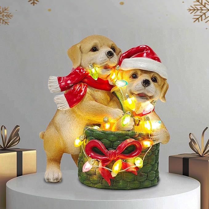 Dog on Box Sculpture -Handmade Resin Figurine, Festive Pet Lover Gift, Holiday Home Decor with Santa Hat - Bloomnest