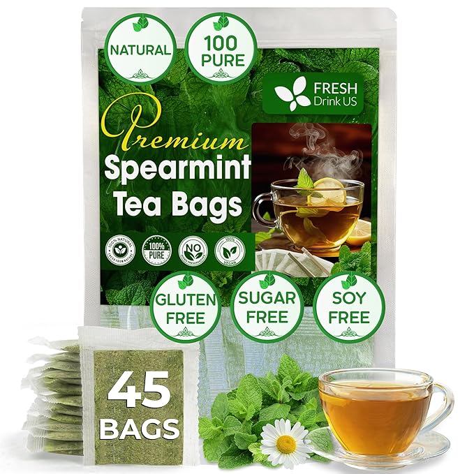 FreshDrinkUS, Premium 45 Spearmint Tea Bags, 100% Natural Spearmint Leaves. Loose Leaf Spearmint Herbal Tea. Spearmint Leaf Tea. No Sugar, No Caffeine, No Gluten, Vegan. - Bloomnest