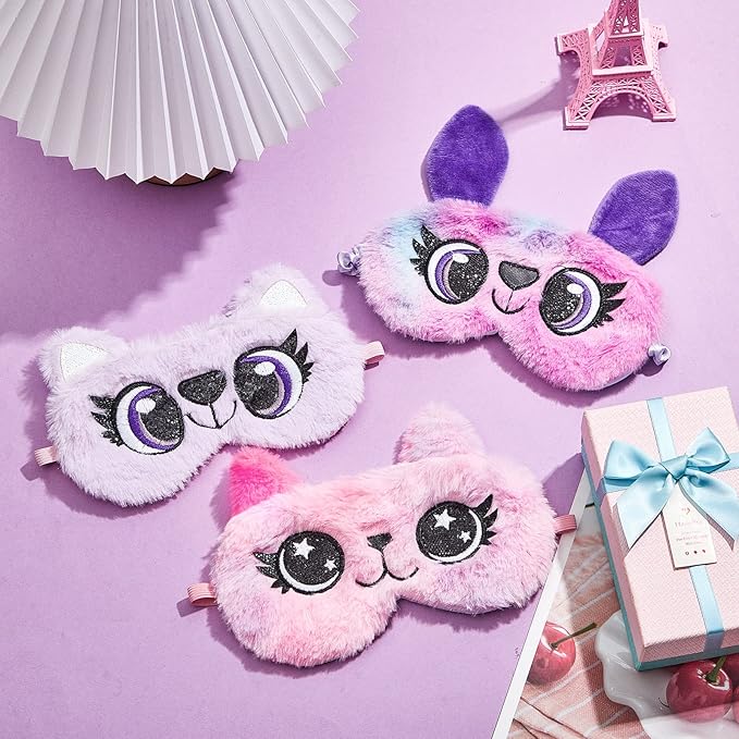 3 Pieces Sleep Mask for Kids, Girls Plush Sleeping Eye Cover Soft Eye Blindfold Cover Animal Shade for Kids(Purple, Big Eyes Style) - Bloomnest