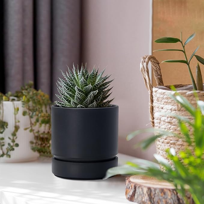 4 Inch Modern Plastic Round Pots for Indoor Houseplants and Herbs, Pack of 3 Planter Pot with Drainage Hole & Saucer, Deep Water Catch Tray, Straight Cylindrical Pot for Plants, Matte Black, 23-D-R-2 - Bloomnest