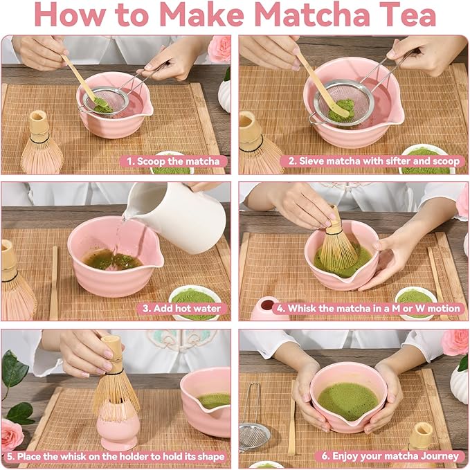 Pink Matcha Whisk Set - Ceramic Matcha Making Kit with Bamboo Whisk, Scoop, Bowl, Ceramic Holder & Sifter –5 PCS Handcrafted Elegant Japanese Tea Ceremony Tools Gift for Matcha Lovers - Bloomnest