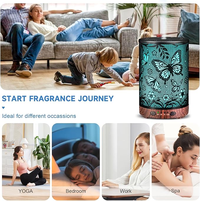 Essential Oil Diffuser 120ML Metal Aromatherapy Diffuser with Timer, Cool Mist Humidifier with Auto Shut-Off & 7 Color Lights for Home Office Spa (Big Butterfly) - Bloomnest