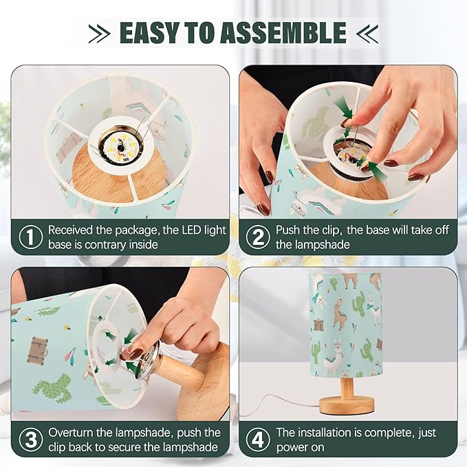 Table Lamp Cute Llama and Alpaca Cactus Nightstand Lamp with Wood Base Fabric Lamp Shade Bedside Desk Lamp for Living Room Bedroom Kids Room Office - Bloomnest
