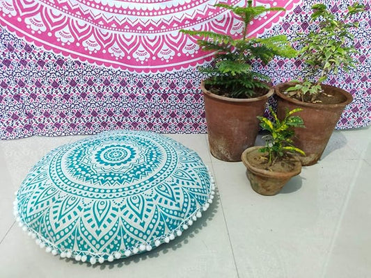 INDIAN CRAFT CASTLE 24" Green Ombre Mandala Barmeri Large Floor Pillow Cover Cushion Meditation Seating Ottoman Throw Cover Hippie Decorative Zipped Bohemian Pouf Ottoman Pom Pom Cases 24" Round - Bloomnest