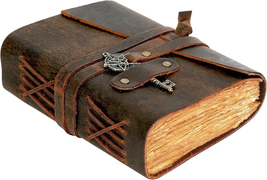 LEATHER VILLAGE Leather Bound Vintage Journal for Women & Men - 7"X5"(A7), Rustic Mocha Brown, 200 Pages of Handmade Deckle Edges Watercolor Paper - Antique Lock Closure - Book of Shadow - Bloomnest