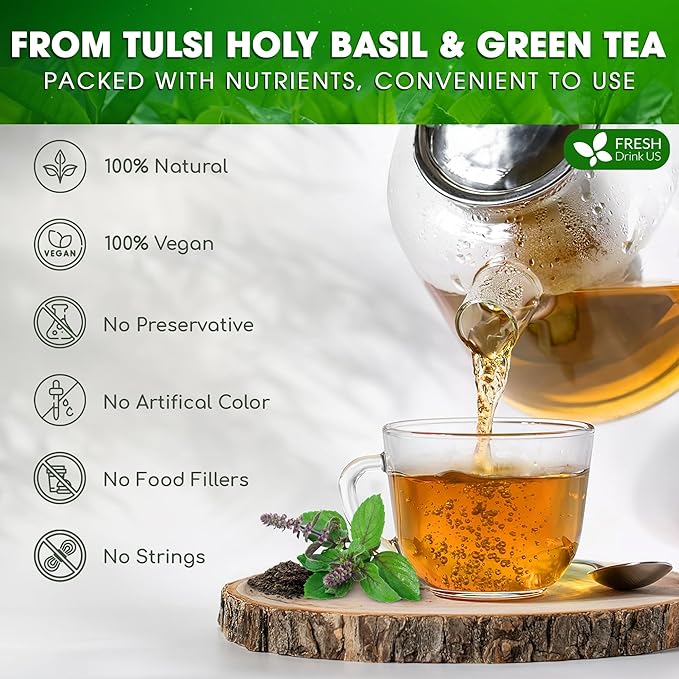 FreshDrinkUS, Premium 30 Tulsi Green Tea Bags, 100% Natural, Blend of Tulsi Holy Basil Leaves, and Green Tea Leaves. Made with Natural Material Tea Bags. No Sugar, Vegan. - Bloomnest
