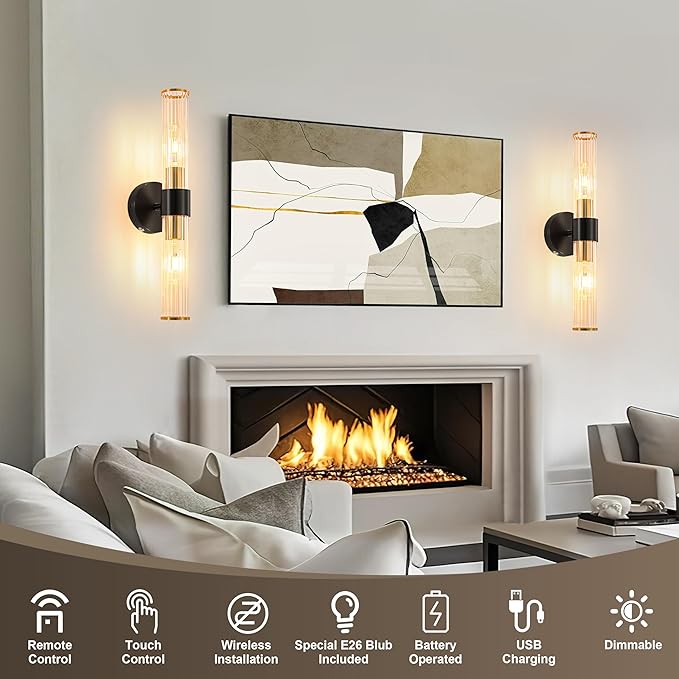 Black Gold Battery Operated Wall Sconces Set of 2, Rechargeable Wall Lights with Dimmable Remote Control, 20“ Modern Sconces Wall Decor, Wireless Wall Lamp for Bedroom, Living Room (Bulbs Included) - Bloomnest