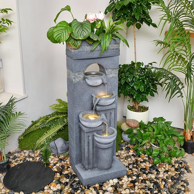 42.52" Outdoor Garden Water Fountain with Lights Floor-Standing 4 Tiers Cascading Large Waterfall Fountain for Patio, Backyard, Deck, Porch and Home Art Decor