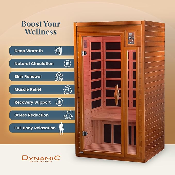 DYNAMIC SAUNAS Barcelona 1- to 2-Person Low EMF FAR Infrared Sauna with Red Light Therapy & Bluetooth Speakers | Personal Indoor Dry Heat Sauna for Home & Gym – Made from Canadian Hemlock DynamicSaunas