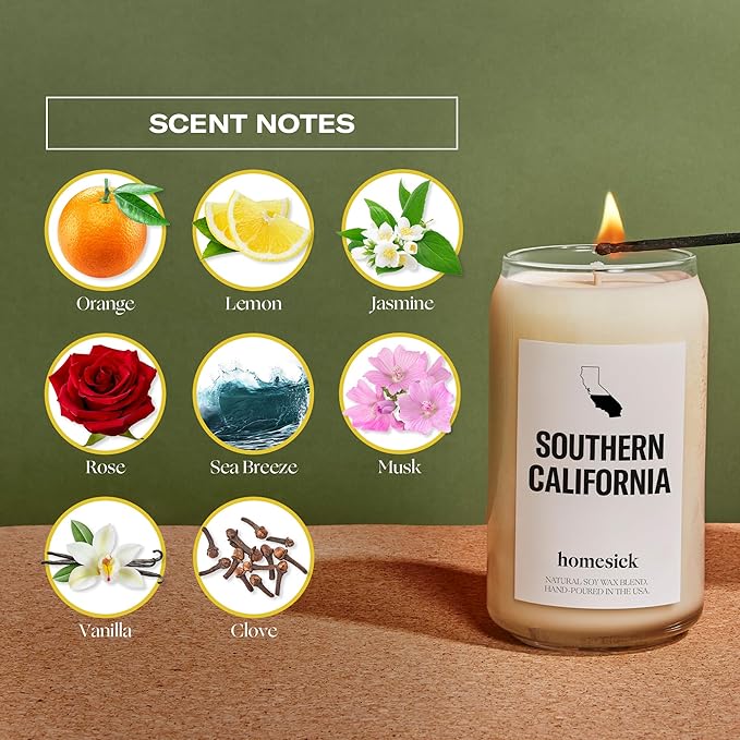 Homesick Scented Candles for Home (Southern California) - 13.75 oz Long-Lasting Soy Wax Jar Candle for Women & Men for All Occasions, 60-80 Hours Burn Time - Notes of Orange, Lemon & Rose - Bloomnest