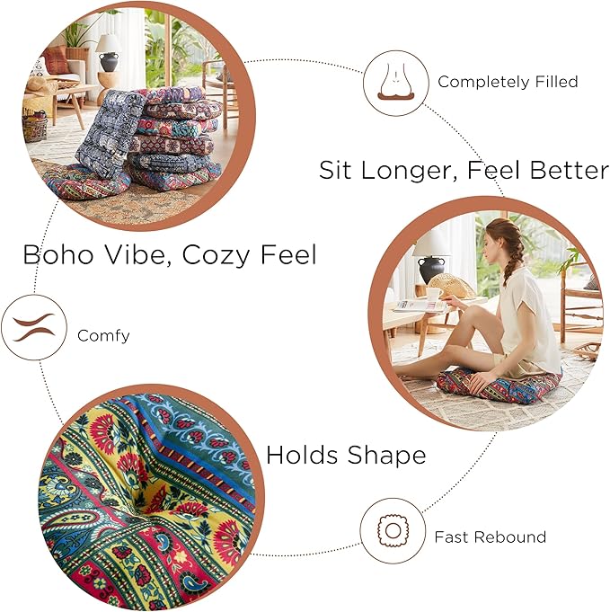 Codi Meditation Pillow, Large Pillows Sitting for Adults and Kids, Boho Cushions for Yoga Living Room Tatami Sitting Home Decor, Memory Foam Added, 22x22 Inch, Multi Blaidiere - Bloomnest