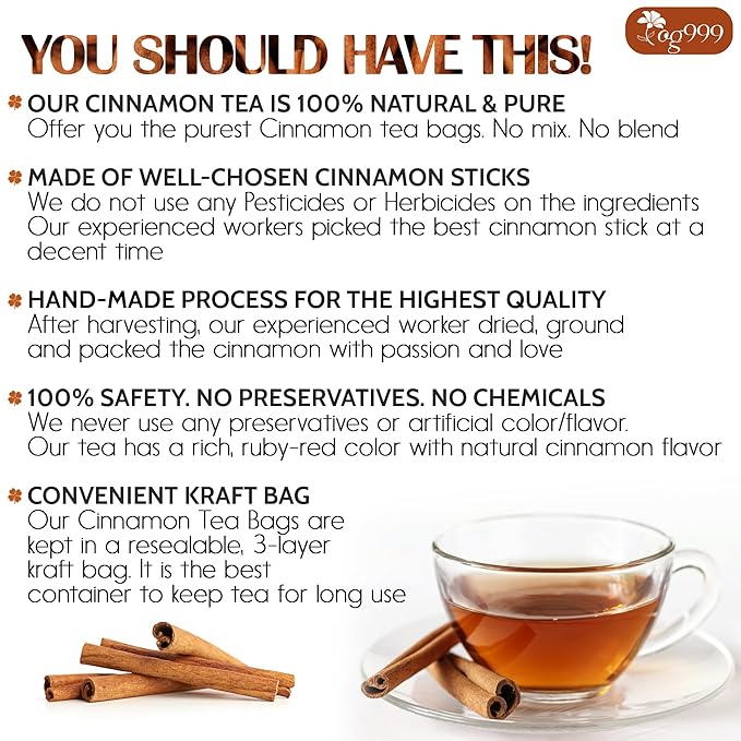 TOG999, Premium 60 Tea Bags - Special Cinnamon Tea, 100% Natural & Pure, Herbal Tea. Cinnamon Stick Herbal Spice Tea. No Sugar, No Caffeine, No Gluten, Vegan. - Bloomnest