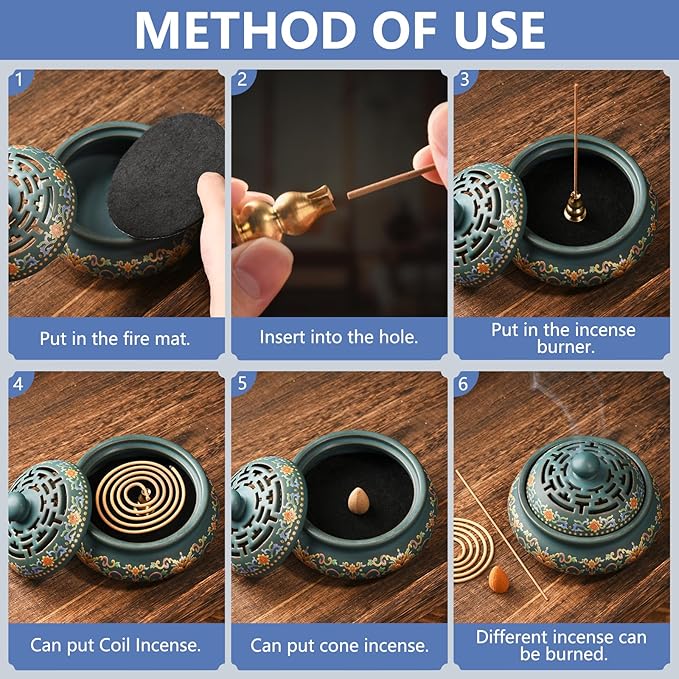 Ceramic Incense Burner with Incense Holder+ Fireproof Cotton,Handmade Smudging Burn Bowl for Stick or Coil Incense,Sage Cones,Frankincense and Mosquito Incense (Enamel) - Bloomnest