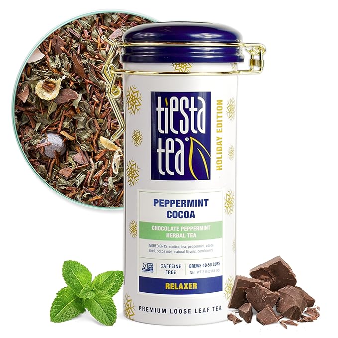 Tiesta Tea - Cozy Peppermint Cocoa, Loose Leaf, Chocolate Peppermint Herbal Tea, Premium Blend, Non Caffeinated, Make Hot or Iced Tea & Up to 50 Cups - 3 Ounce Refillable Tin - Bloomnest