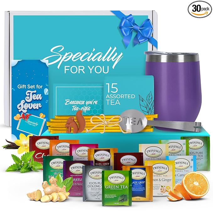 Modern Elegance Tea Gift Set, Includes 15 Teas, Stainless Steel Tumbler, Honey Straws, Tea Spoon Squeezer, Squirrel Tea Bag Holder (Purple) - Bloomnest