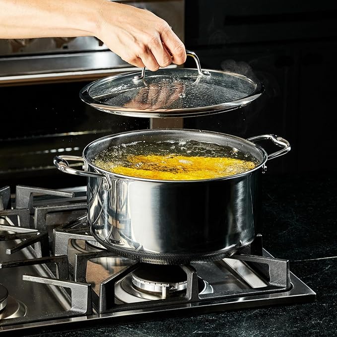 HexClad Hybrid Nonstick 8-Quart Stockpot with Tempered Glass Lid, Stay-Cool Handles, Dishwasher-Friendly, Oven-Safe Up to 900°F, Induction Ready, Compatible with All Cooktops - Bloomnest