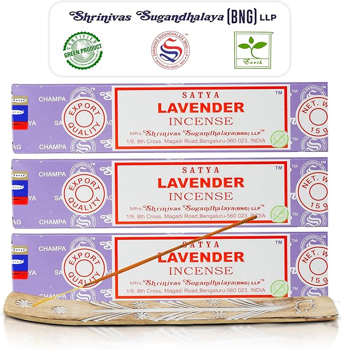 Satya Lavender Incense Sticks, Satya Bng (Bangalore) Insenses 15gmx3 Pack (45 GMS) with Raajsee Incense Holder Bundle, Satya Nagchampa Natural Incense - Bloomnest